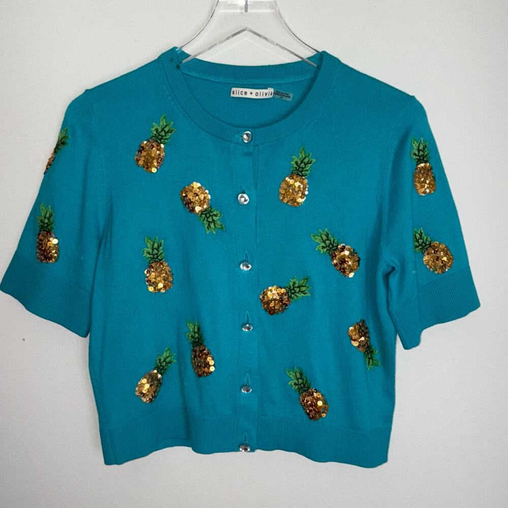 🍍 Alice + Olivia Pineapple Sequin Cardigan – Turquoise (L)295